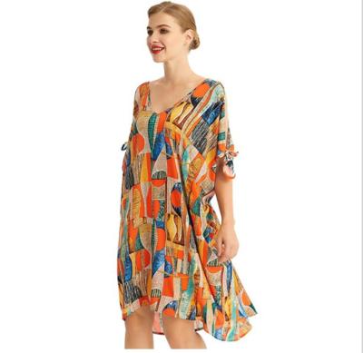 China XL0298A Breathable Spring Short Sleeve Printed Mid Length Dress And Summer Casual Loose V-Neckline for sale