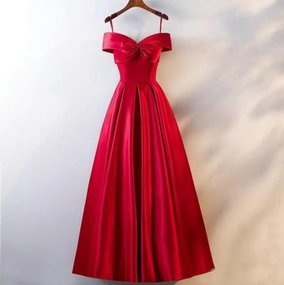 China YK1027A Fashion Bowknot Wedding Dress Breathable Wine Red Bride Toast Dress Long Banquet Evening Dress for sale