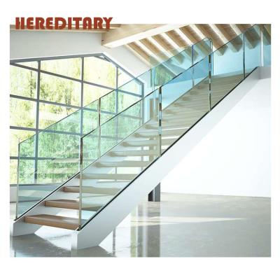 China Post Modern Galvanized Steel Wood Step Staircase Frameless Glass Staircase for sale