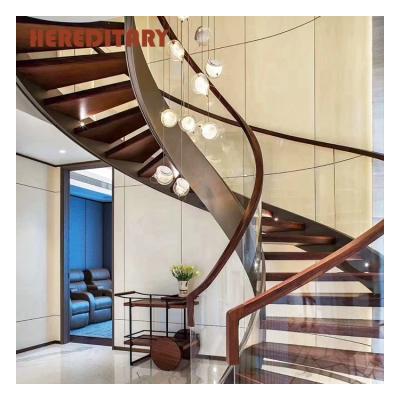 China Modern High Quality Living Room Pedal Solid Wood Glass Balustrade Curved Stairs Price for sale