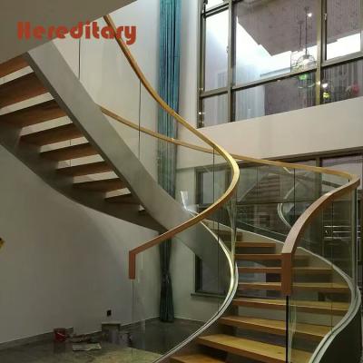 China China Post Modern Curved Solid Wood Treads Glass Railing Staircase Curved Staircase for sale