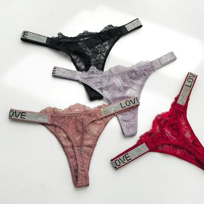 China Ladies T Back Thong Rhinestone Breathable Panties Slim Waistband Women's Lace Briefs Underwear G String Thongs for sale