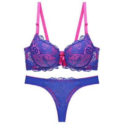 China Breathable Color Splicing Factory Hot Customized Wholesale Bra Panties Set Cup Lace Flower Women Bra Set Thin Lift Up Bar Underwear for sale