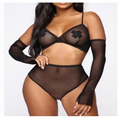 China Wholesale breathable sexy underwear perspective lace up temptation splice three-point bra set sexy three piece bikini pajamas sets for sale