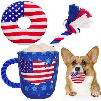 China Dog 2pack Plush Squeaky Toys Viable Floating Tug Toy With Cotton Rope For Teeth Cleaner For Pool American Flag Coffee Cup Donut Design for sale