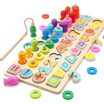 China Wooden Wooden 5 in 1 Geometry Count Math Fishing Wooden Puzzle Board for Kid Montessori Toy Wooden Fishing Toy Geometric Educational for sale