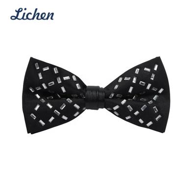 China Jacquard pre tie PU bow tie with metal clip and shinny leather colored crystal on bow tie for sale