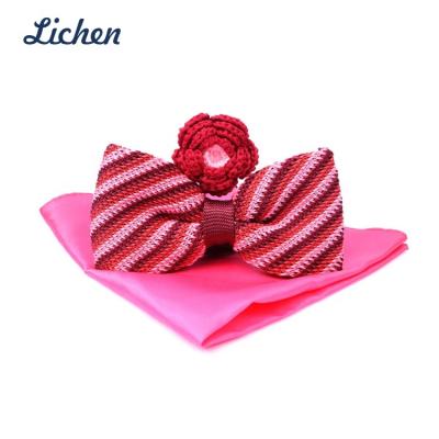 China Handmade high quality 100% polyester knitted woven bow tie with knitted lapel-pin, handkerchief sets for sale