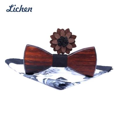 China 100% Handmade Engleriana Tree Fagus Wood Men Bow Tie Gift Sets With Lapel-pin,Handkerchief for sale