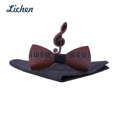 China 100% Handmade Professional Piano Keyboard Design Wooden Bow Ties With Musical Note Lapel Pin For Men's Shirts for sale