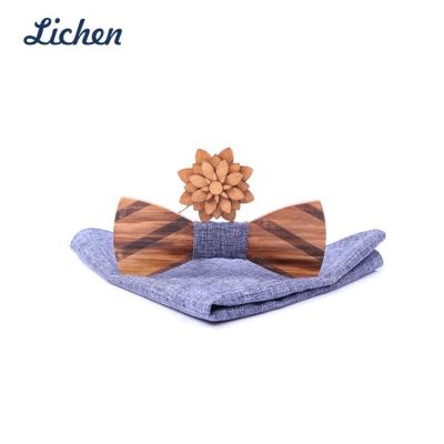 China 100% Handmade Professional Wooden Bow Ties With Lapel Wooden Pin, Handkerchief Fashion Gift Set For Garment for sale