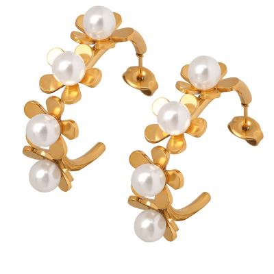 China Other New Fashion Jewelry Pearl Flower Earrings Stainless Steel 18k Gold Plated Stud Earrings For Women for sale