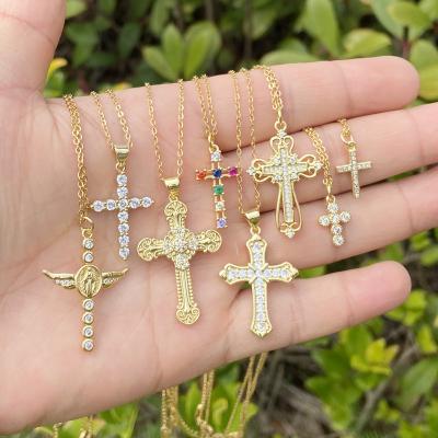 China Custom Cross Crystal Diamond Christian Religion Jewelry Cross Micro Pendant Necklace Gold Plated CZ Necklace for sale