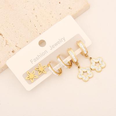 China Mixed Designs 3pcs FASHION Stud Earrings Set Heart Star Moon Diamond Stainless Steel Butterfly Fashion Earrings for sale