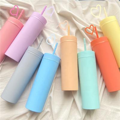 China Wholesale Matte Colored Acrylic Tumblers 16OZ Double Wall Stocked Plastic Skinny Tumblers For Girls for sale