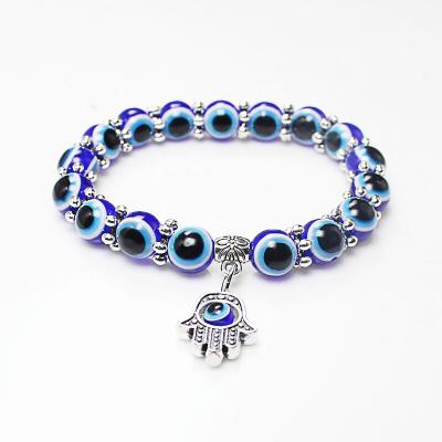 China Charm Beaded Blue Dangling Stretch Beaded Palm Eye Bead Bracelet Lucky Vintage Devil's Eye Bangle Bracelet for sale