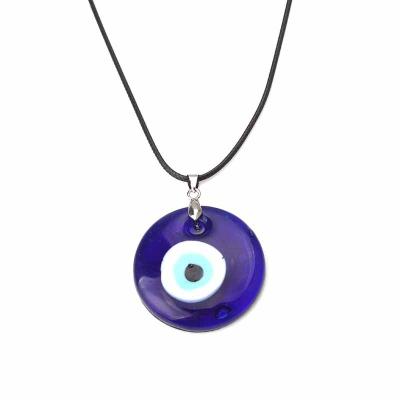 China Newest Environmental Friendly Accessories Glass Blue Evil Eyes Charms Necklace Black Wax String Evil Eyes Necklace for sale