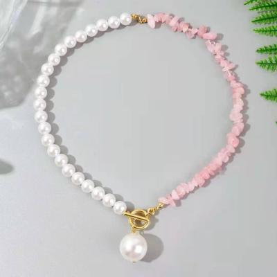 China Eco-Friendly Baroque Pearl Half Stone Half Pearl Summer Pendant Necklaces Beaded Necklace For Friendship for sale