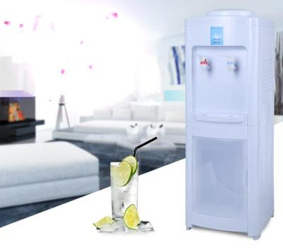 China Myteck Quality Standing Type Thicker Housing And Nicer Looking Nice Hot Cold Electric Cooling Bottled Water Dispenser With Large Storage Cabinet Transparent Door for sale