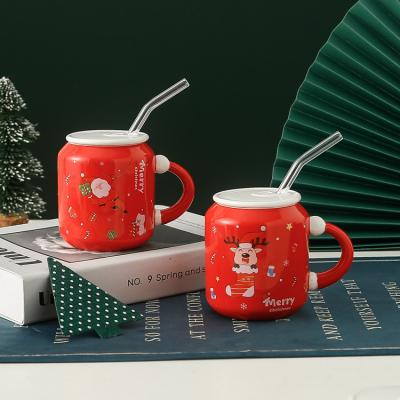 China Christmas Sustainable Red Mug With Lid And Straw Mug 380ml Ceramic Coffee Mug for sale