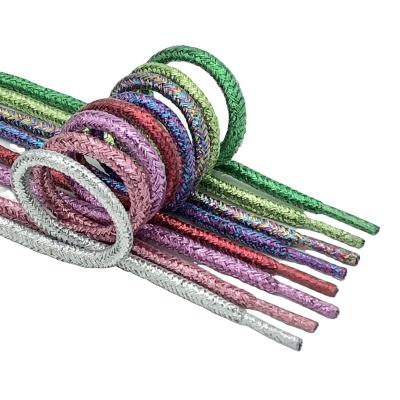 China Round Customized Shoelace Maker Wholesale 115cm Rainbow Shiny Bling Glistening Round Metallic Rope Shoelace for sale