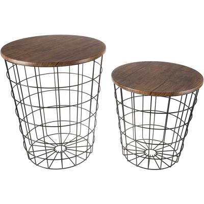 China Sustainable Metal Wire Laundry Storage Basket With Wooden Lid , Wooden Top Round Storage Weave Wire Metal Basket for sale