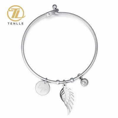 China FASHIONABLE Adjustable Stainless Steel Bangle Bracelet With Wing And Tag And Letter Zircon Jewelry For Gift for sale