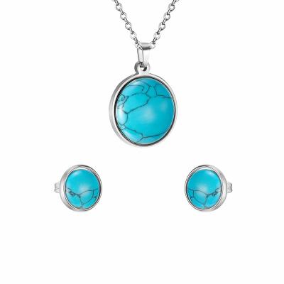 China FASHIONABLE oval turquoise jewelry set vintage stone necklace and earrings set stainless steel jewelry set for sale