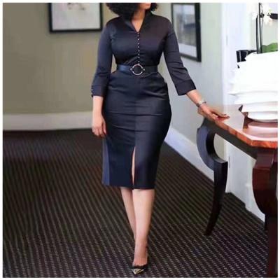 China Hot Selling Breathable Woman Long Sleeve Ol Dress Plus Size Slit Office Dress With Belt for sale