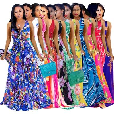 China Fashion Anti-Static Deep V Neck Chiffon Sleeveless Printed Women Maxi Dress for sale