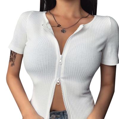 China Anti Shrink Ribbed Cardigan Double Sleeve Zipper Summer Short Top For Women Clothing for sale