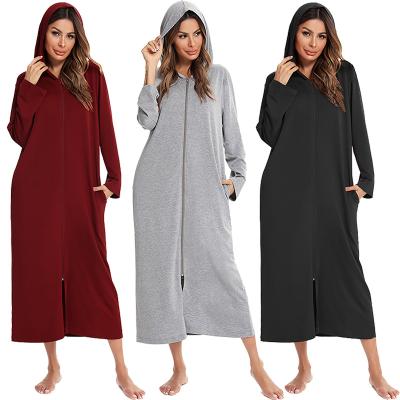 China Breathable Winter Thermal Solid Color Zipper Women Sleep Dress Loungewear Hoodie Long Dress for sale