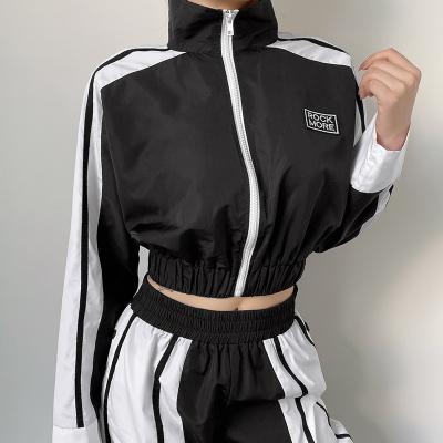 China Custom Logo Side Striped Crop Top Black Breathable Slim Fit Elastic Cuffs Women Sweatshirt With Zippers for sale