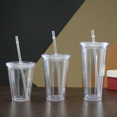 China Stocked wholesale double wall water tumbler plastic water bottle wine tumbler mugs cup 12oz 16oz 24oz clear tumbler with straw for sale