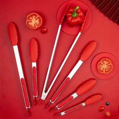 China Heat Resistance silicone gadget frying food serving tongs barbecue clip clamps heat resistant red silicone kitchen food tongs set barbecue tools for sale