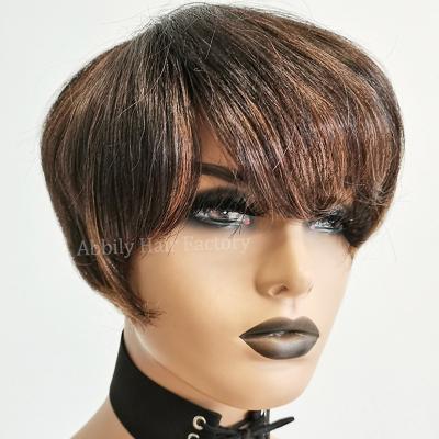 China Free Sample Body Wave Highlight Short Pixie Curly Cut Human Hair Wig For Women Raw Color Virgin Hair Machine Made Wig 150% 250% Glueless for sale