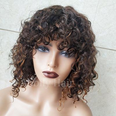 China Cheap 150% Body Wave 200% Remy Brazilian Water Wave Human Hair Wigs With Full Bangs Machine Made Wigs For Black Women Highlight Bob Wig for sale