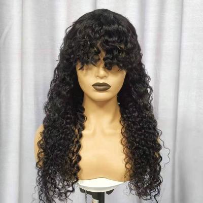 China High Quality Water Wave 100% Virgin Hair Deep Curly Wig With Bangs Glueless Machine Made Raw Indian Hair Full Wigs For Black Women for sale