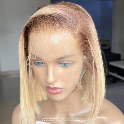 China Pre Plucked Straight Lace Frontal Bob Wig T Part Human Hair Bob Wig Raw Indian Human Double Drawn Lace Frontal Wig Ombre Color 613 for sale