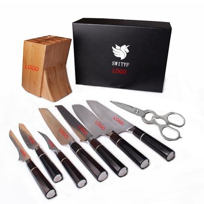 China Viable Black Knife Set Damascus Steel Chef Knife Professional Kitchen Set With Wood Knife Block for sale