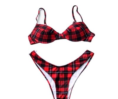 China 2022 New Plaid Steel Support Plaid Net Plaid Printing Slit Bikini Hard Red Bikini Swimwear for sale