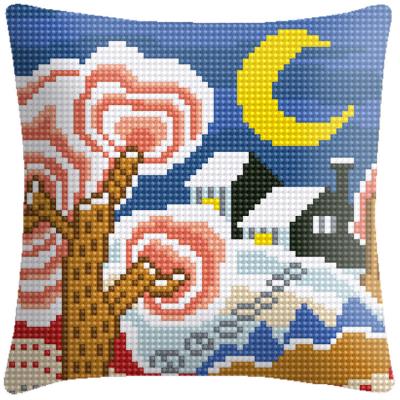 China High Quality Europe Cushion Night Village Chunky Yarn 6CT Cotton Fabric Cross Stitch Embroidery Pillow Cushion Cover for sale