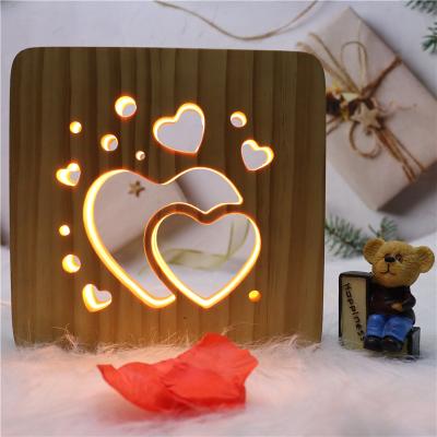 China Factory Mini Night Light DIY 3D Residential Natural Wood Wooden Love Heart Decoration Light Valentines Gift Carving Table Lamp for sale