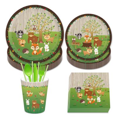 China Promotion Design Wooden Animal Paper Tableware Set With Dishes Cups Napkins For Party Supplies for sale