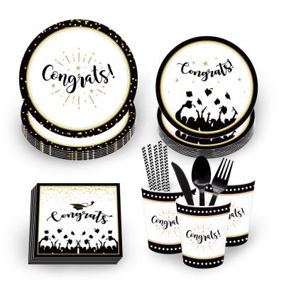 China MM006 Promotion Graduation Party Supplies Disposable Paper Tableware Set Dishes Cups Napkins for sale