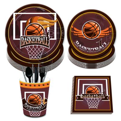 China Promotion Basketball Party Supplies 8 People Paper Plates Cups Napkins Tableware Set for sale