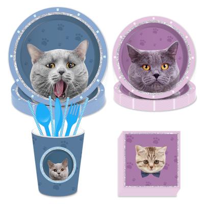 China Promotion MM040 Cat Birthday Party Supplies 9/7 Inch Cat Party Dishes Cups Napkins Tableware Paper Set for sale