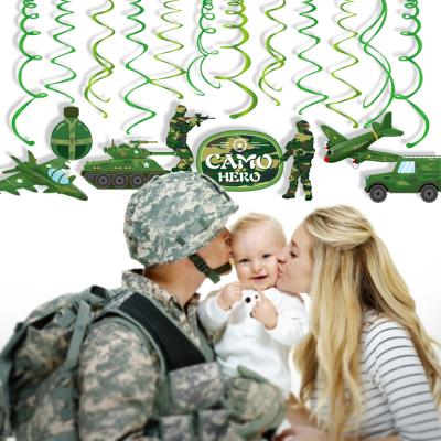 China 350g and 15dmm card sides printing Aluminum PVC camouflage army tank boy party foil swirl spiral hanging banner XL132 for sale