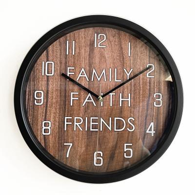 China Art Decor 12 inch American style plastic wall clock wood grain clock face design can be used for home decoration,gift for sale