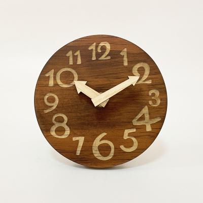 China Art Decor Small mini size round table wooden clock frame solid wood quartz analog for table desk decor for sale